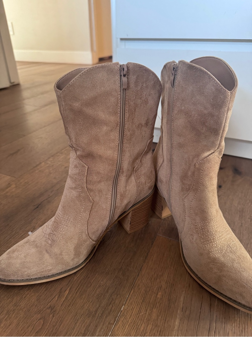 Taupe Suede Western Ankle Booties with Block Heel